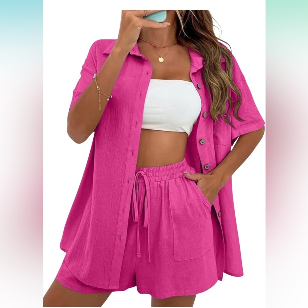 Linen Short Sets Short Sleeve Top Shorts 2 Piece Summer Beach Vacation Outfits